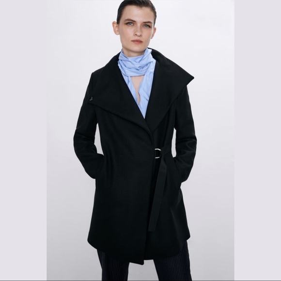 ZARA MANTECO Italian Luxury Wool Black Asymmetrical Belted Jacket Colins Coat M - Picture 3 of 16